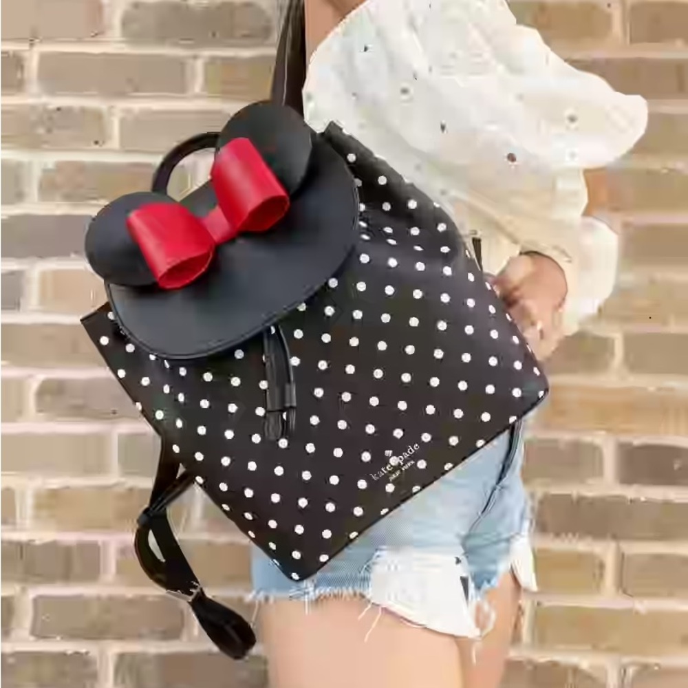 Kate Spade New York Minnie Mouse Disney Drawstring Flap Backpack Black Dot Bow